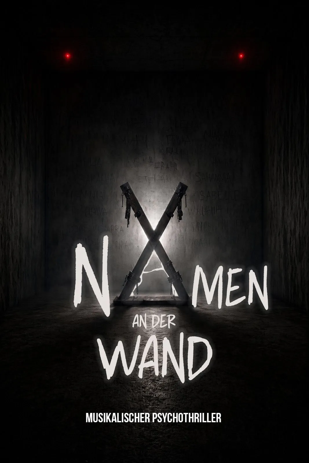 Dunkles Plakatmotiv zu „Namen an der Wand“ mit zwei gekreuzten Holzbalken in einem kargen Raum.
